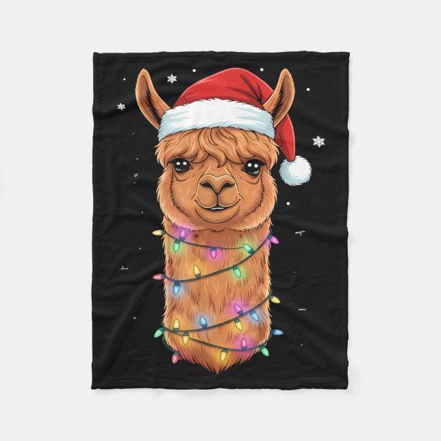 Christmas Lights Alpaca Santa Hat Llama Cute Xmas  Fleece Blanket (Front)