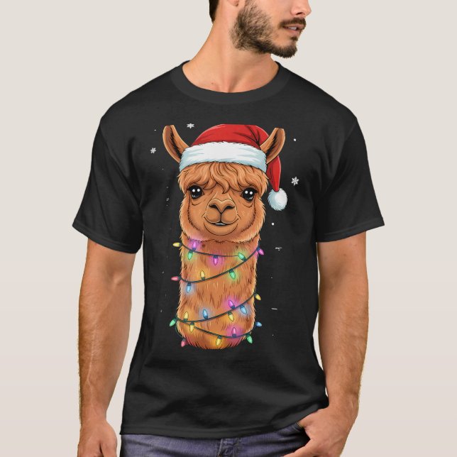 Christmas Lights Alpaca Santa Hat Llama Cute Xmas  T-Shirt (Front)