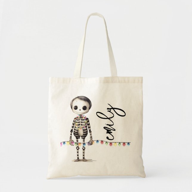 Christmas lights and cute skeleton tote bag (Front)