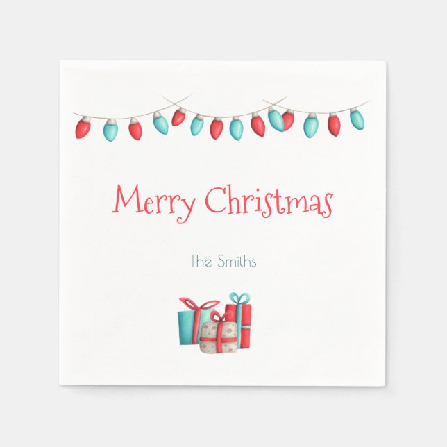 Christmas lights and presents personalised napkin (Front)