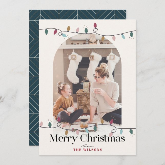 Christmas Lights Arch 4 Photo Christmas Navy Holiday Card (Front/Back)