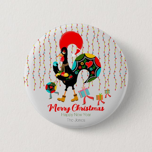 Christmas lights, baubles, presents and Rooster 6 Cm Round Badge (Front)