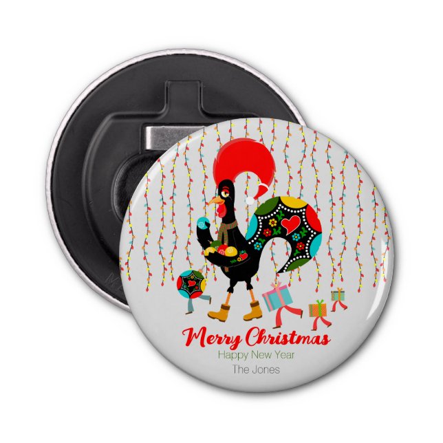 Christmas lights, baubles, presents and Rooster Bottle Opener (Front)