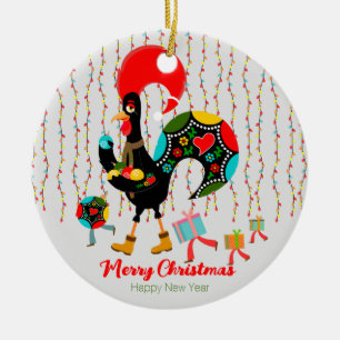 Christmas lights, baubles, presents and Rooster Ceramic Ornament