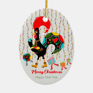 Christmas lights, baubles, presents and Rooster Ceramic Ornament