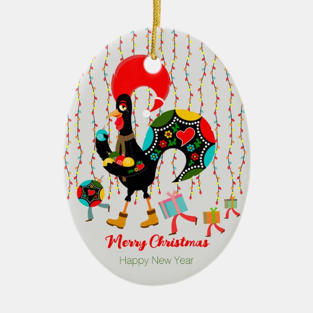 Christmas lights, baubles, presents and Rooster Ceramic Ornament (Front)
