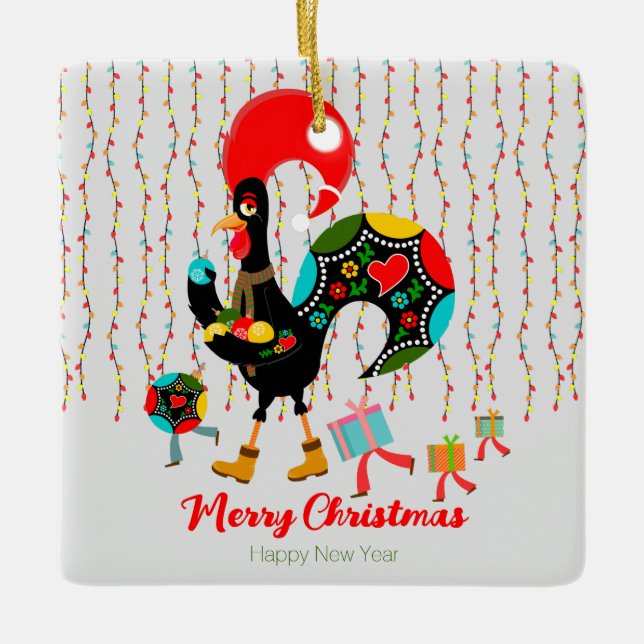 Christmas lights, baubles, presents and Rooster Ceramic Ornament (Front)