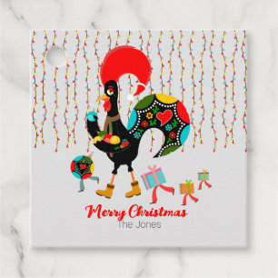 Christmas lights, baubles, presents and Rooster Favour Tags