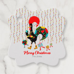 Christmas lights, baubles, presents and Rooster Favour Tags