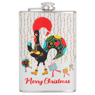 Christmas lights, baubles, presents and Rooster Hip Flask