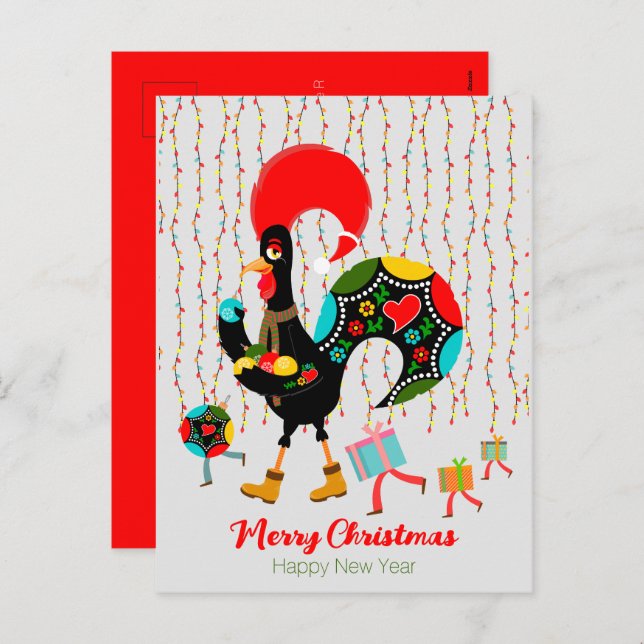 Christmas lights, baubles, presents and Rooster Holiday Postcard (Front/Back)