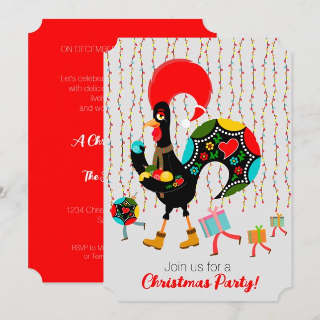 Christmas lights, baubles, presents and Rooster Invitation (Front/Back)