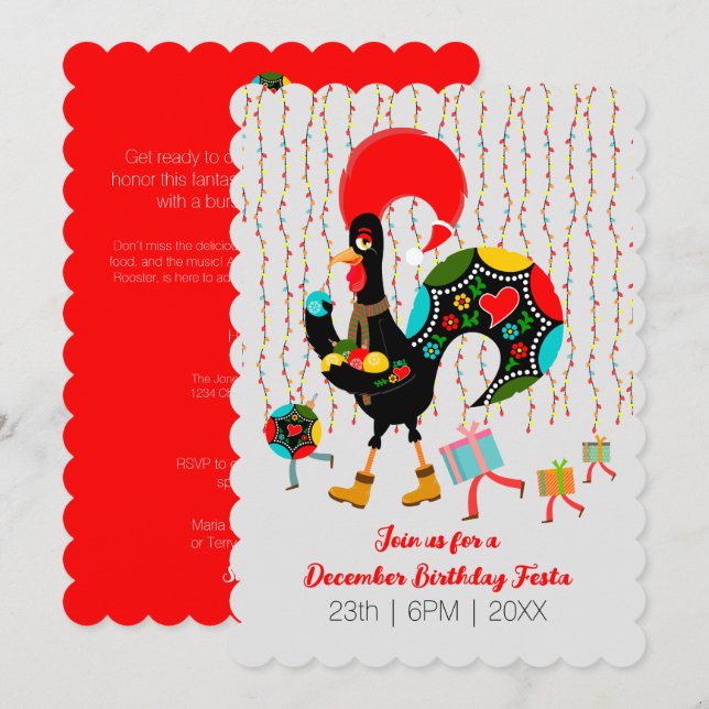 Christmas lights, baubles, presents and Rooster Invitation (Front/Back)