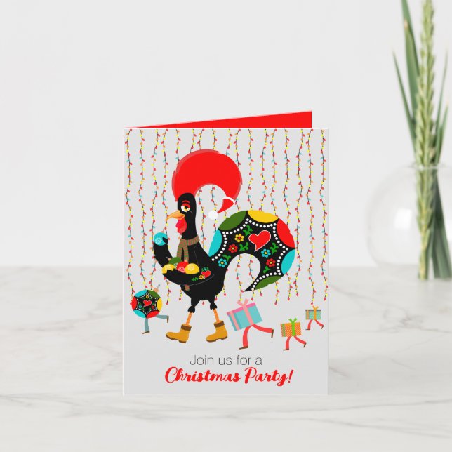 Christmas lights, baubles, presents and Rooster Invitation (Front)