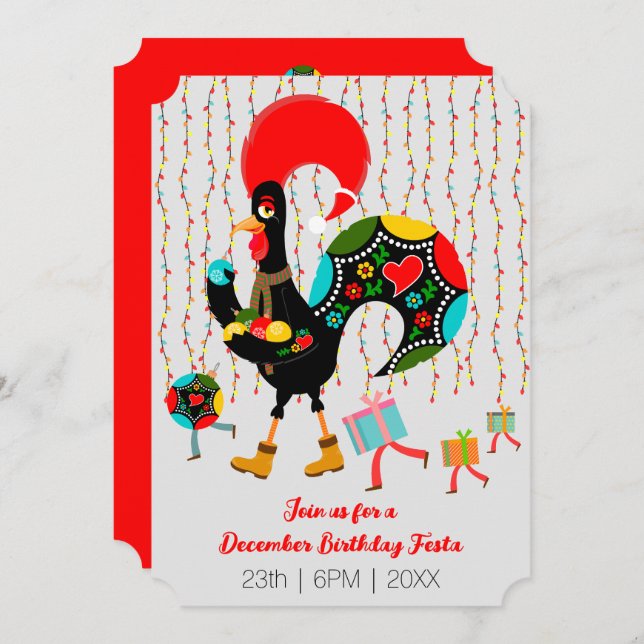 Christmas lights, baubles, presents and Rooster Invitation (Front/Back)