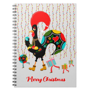 Christmas lights, baubles, presents and Rooster Notebook