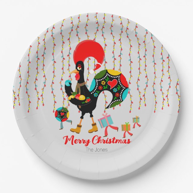 Christmas lights, baubles, presents and Rooster Paper Plate (Front)