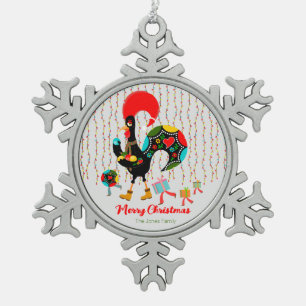 Christmas lights, baubles, presents and Rooster Snowflake Pewter Christmas Ornament