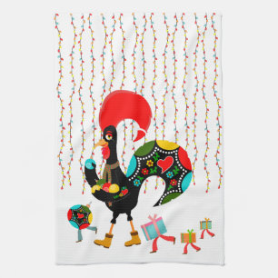 Christmas lights, baubles, presents and Rooster Tea Towel