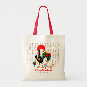 Christmas lights, baubles, presents and Rooster Tote Bag