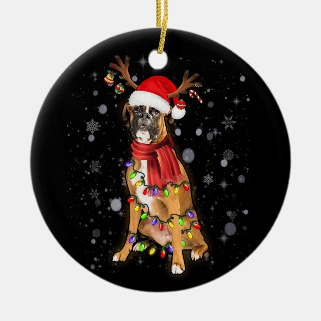 Christmas Lights Boxer Dog With Horn Reindeer Ceramic Ornament (Front)