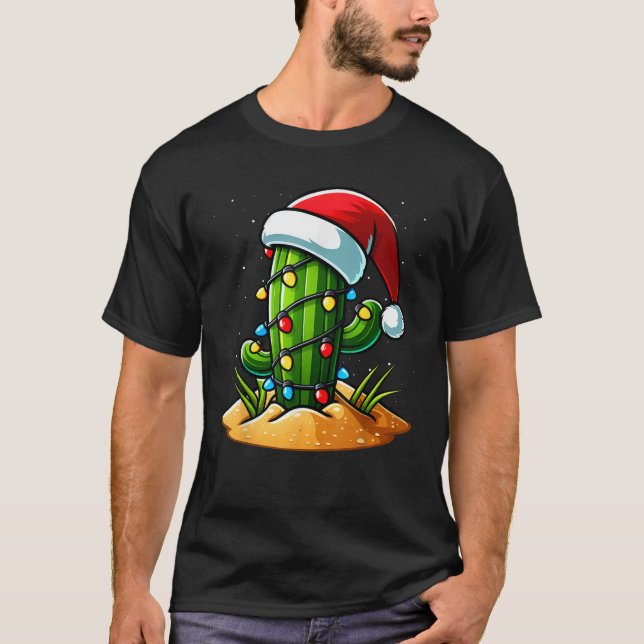Christmas Lights Cactus Lover Funny Xmas Men Women T-Shirt (Front)