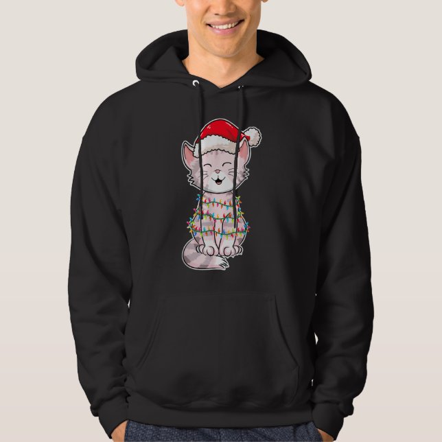 Christmas Lights Cat Wearing Xmas Hat - Cute Cat L Hoodie (Front)