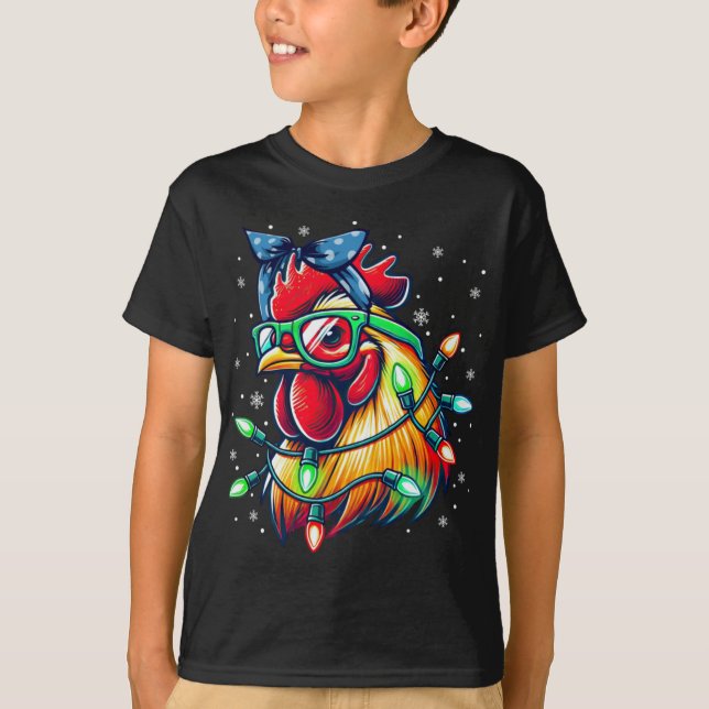 Christmas Lights Chicken Santa Hat Funny Xmas Tree T-Shirt (Front)