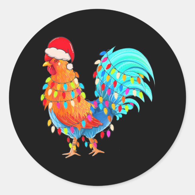 Christmas Lights Chicken Wearing Xmas Hat Chicken Classic Round Sticker (Front)