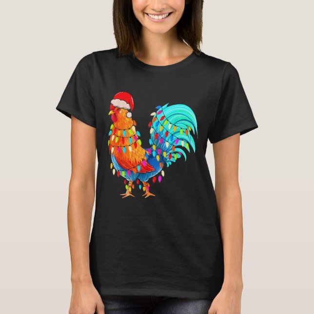 Christmas Lights Chicken Wearing Xmas Hat Chicken  T-Shirt (Front)