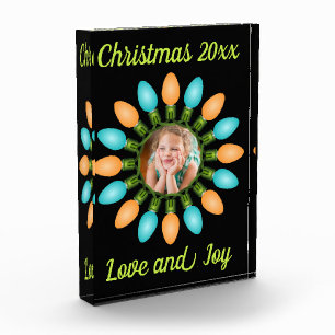 Christmas Lights Circle in Orange and Blue Photo Block