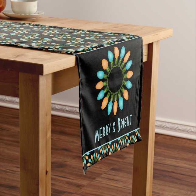 Christmas Lights Circles Pattern Orange and Blue Short Table Runner (In Situ)