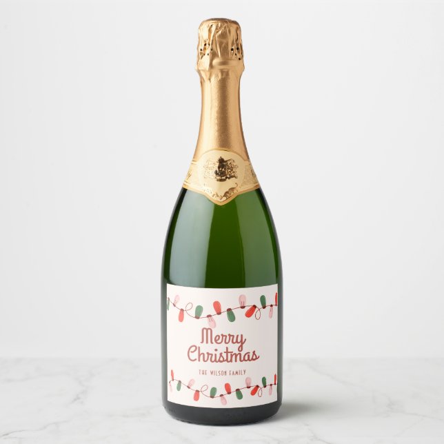 Christmas Lights Coloured Merry Christmas Adress Sparkling Wine Label (Front)