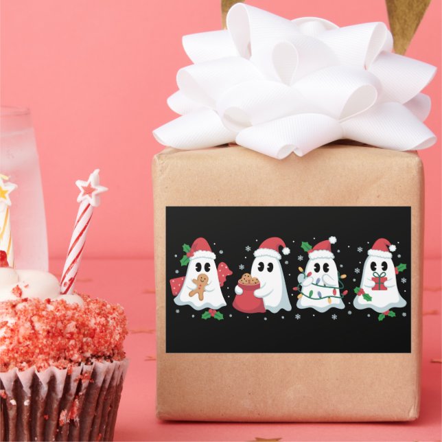 Christmas Lights Cute Ghost Xmas Boo  Rectangular Sticker (Party)