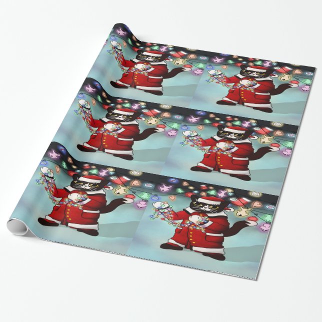 Christmas Lights Cute Tuxedo Cat Wrapping Paper (Unrolled)