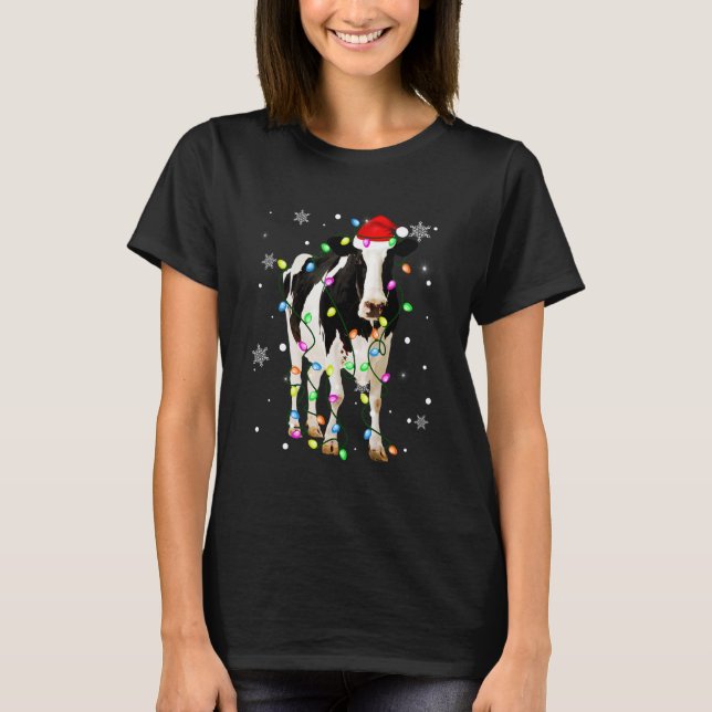 Christmas Lights Cute Xmas Santa Hat Dairy Cow Ani T-Shirt (Front)