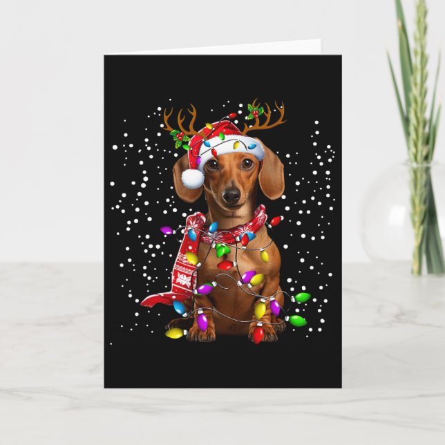 Christmas Lights Dachshund Dog Santa Hat Scarf For Card (Front)