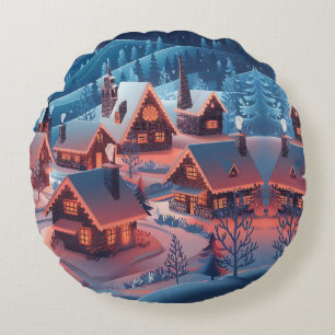 Christmas Lights Decorated Snow Covered Village Ho Round Cushion