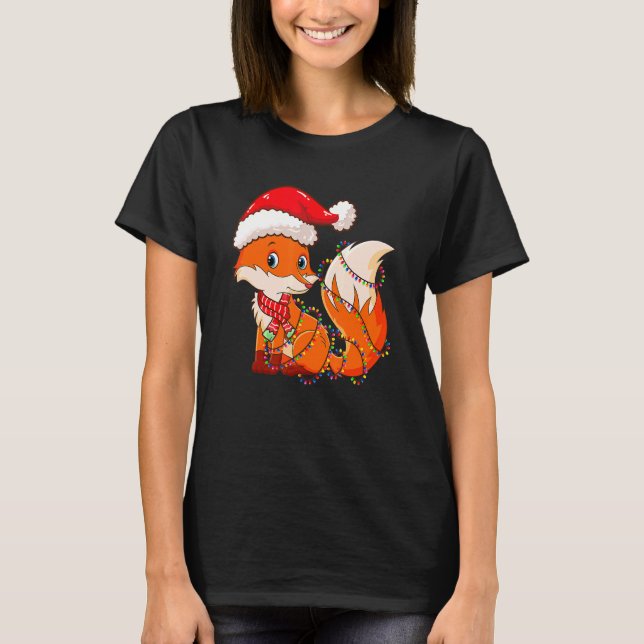 Christmas Lights Fox Wearing Xmas Hat Cute  Fox T-Shirt (Front)