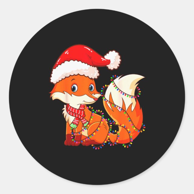 Christmas Lights Fox Wearing Xmas Hat - Cute Funny Classic Round Sticker (Front)