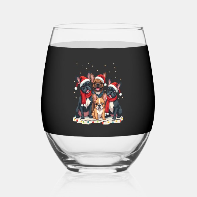 Christmas Lights French Bulldogs Xmas Frenchie Dog Stemless Wine Glass (Front)
