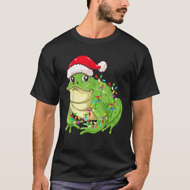 Christmas Lights Frog Wearing Xmas Hat Funny Frog  T-Shirt (Front)