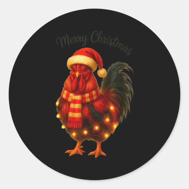 Christmas Lights Funny Chicken Santa Xmas Family M Classic Round Sticker (Front)