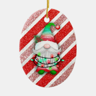 Christmas lights Gnome On Candy Cane Glitter Ceramic Ornament