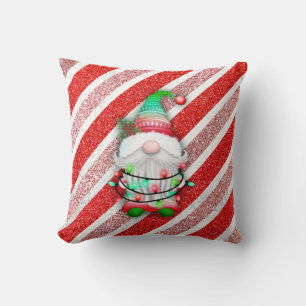 Christmas lights Gnome On Candy Cane Glitter Cushion