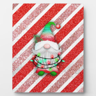 Christmas lights Gnome On Candy Cane Glitter Plaque