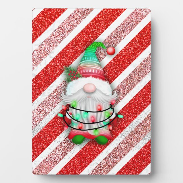Christmas lights Gnome On Candy Cane Glitter Plaque (Front)