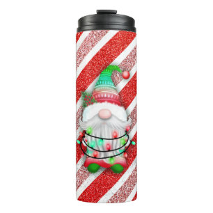Christmas lights Gnome On Candy Cane Glitter Thermal Tumbler