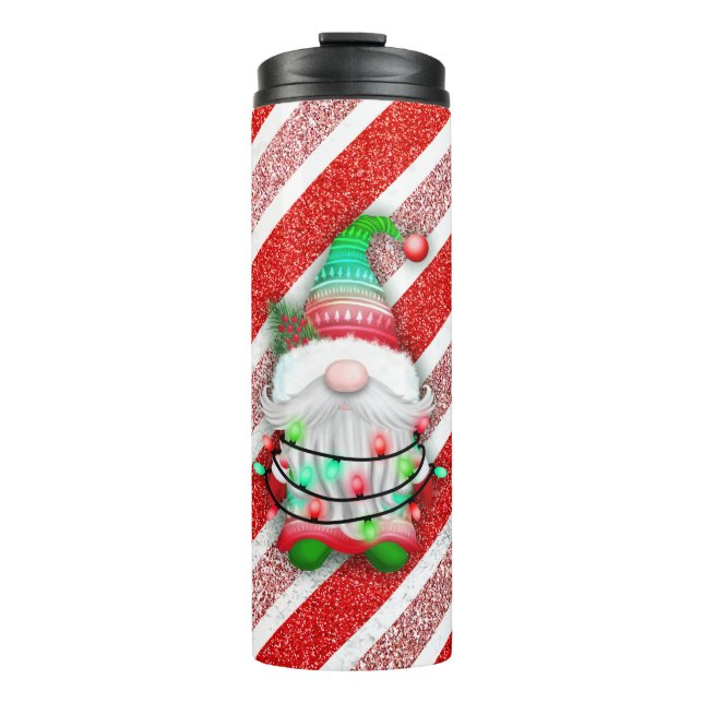 Christmas lights Gnome On Candy Cane Glitter Thermal Tumbler (Front)