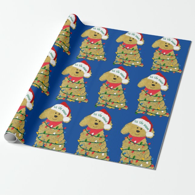 Christmas Lights Goldendoodle Blue Wrapping Paper (Unrolled)